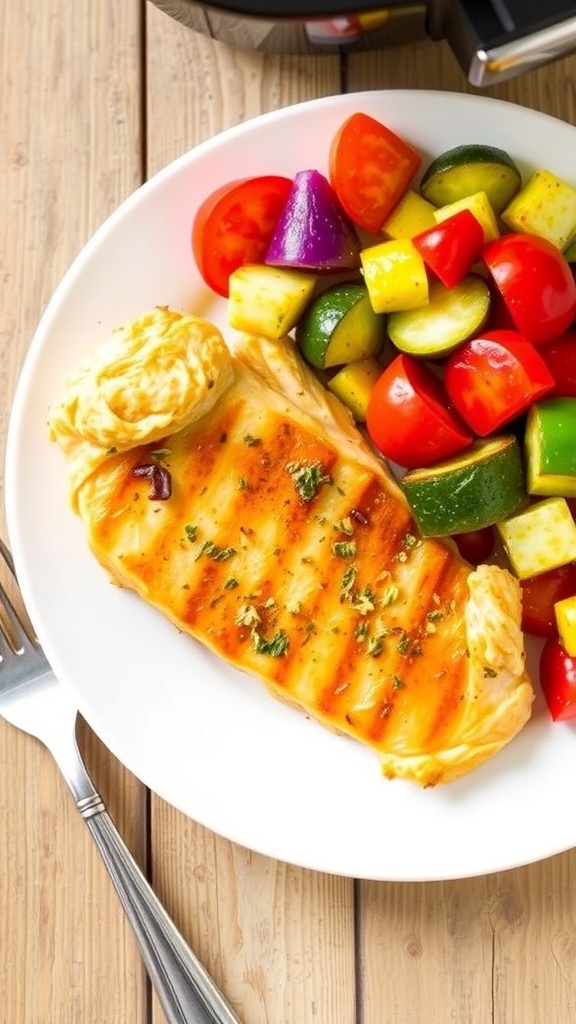 Air fryer chicken breasts and vegetable medley on a rustic table.